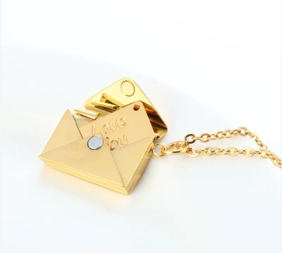 Gold envelope locket necklace with Love You engraved on the flap