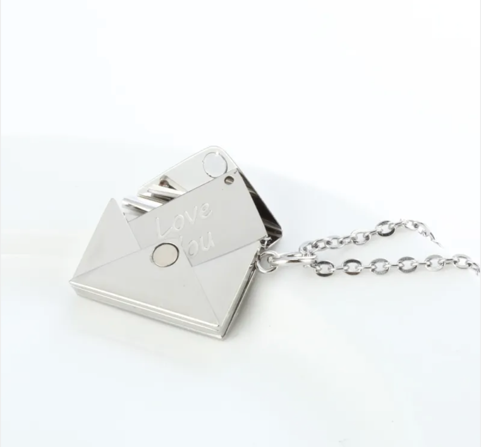 Steel envelope locket necklace with Love You engraved on the flap