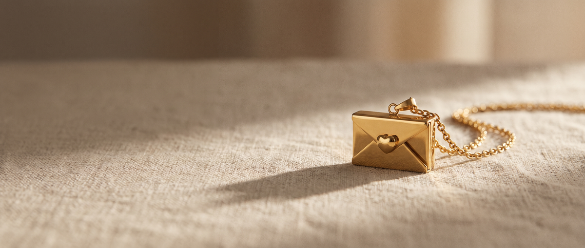 Gold envelope pendant necklace resting on natural linen in soft morning light